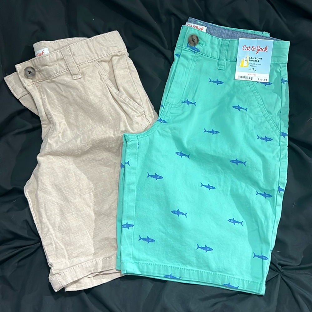 Boys Shorts 2 pair, khaki and green with blue sharks. Size 10 adjustable waist